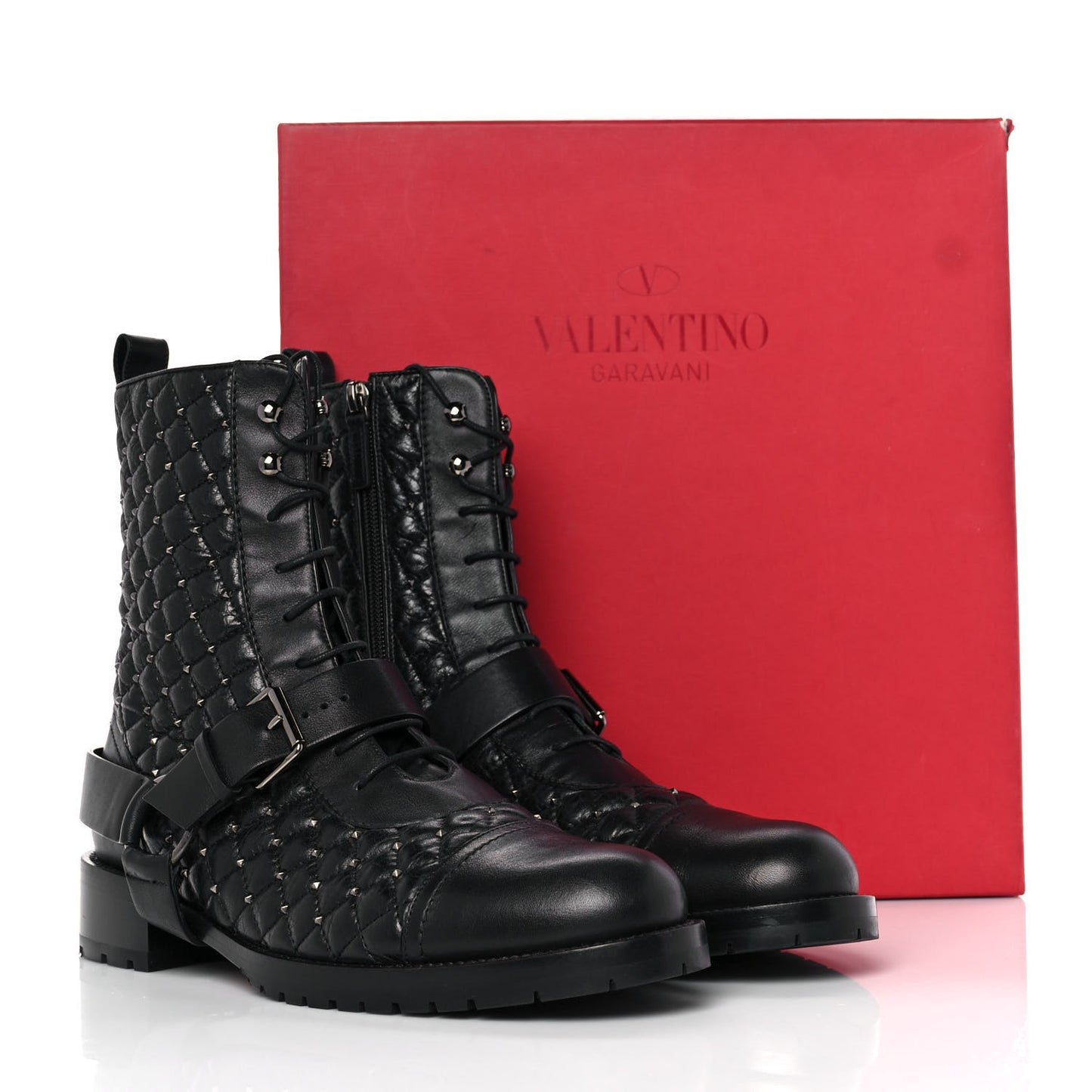 Crackled Lambskin Rockstud Spike 20mm Combat Boots 41 Black