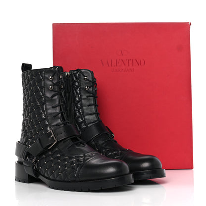 Valentino Garavani Crackled Lambskin Rockstud Spike 20mm Combat Boots 41 Black 8 of 8