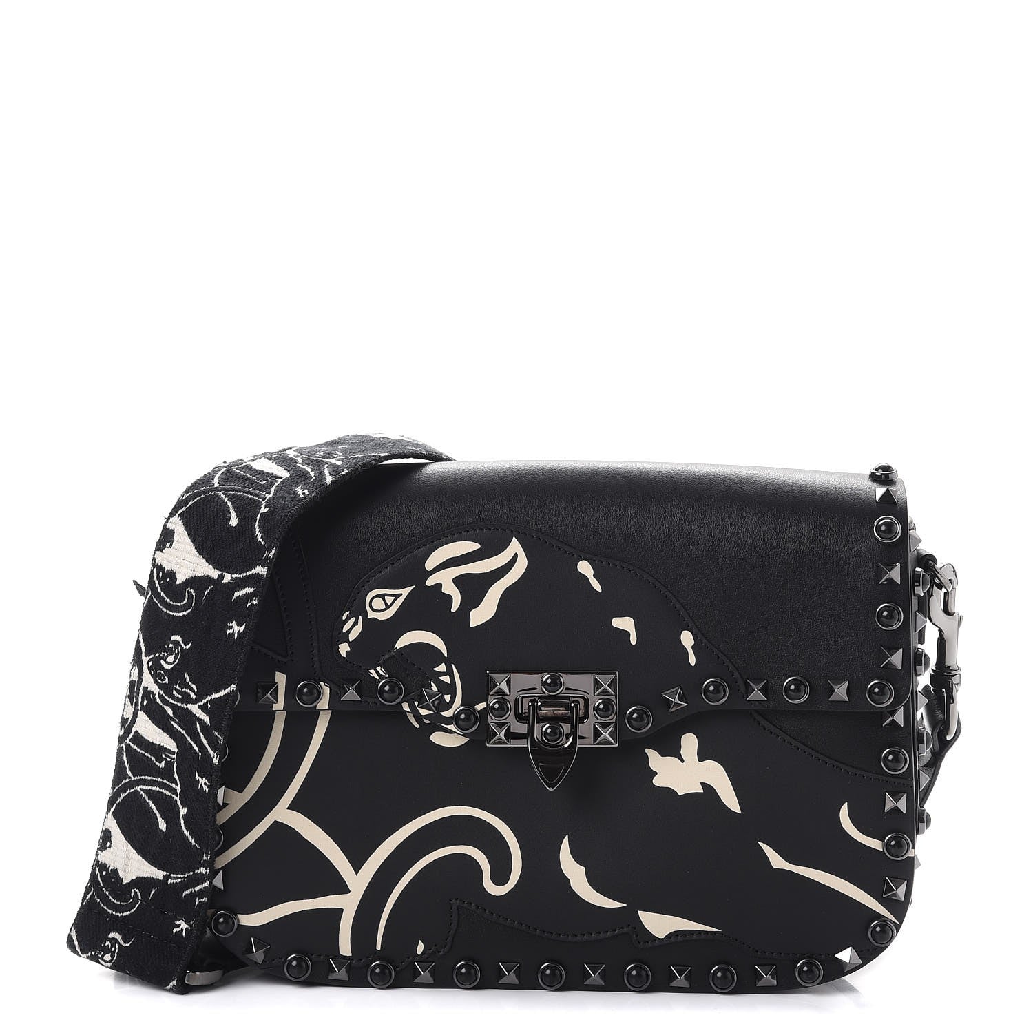 Valentino Garavani Calfskin Panther Medium Guitar Strap Rockstud Rolling Flap Saddle Bag Black 1 of 8