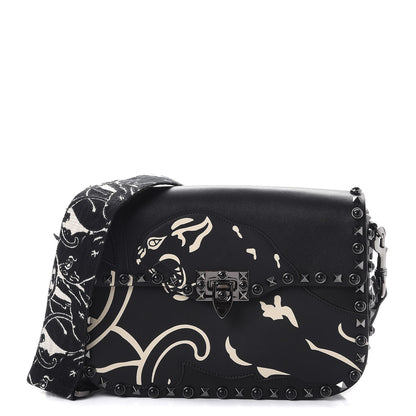 Valentino Garavani Calfskin Panther Medium Guitar Strap Rockstud Rolling Flap Saddle Bag Black 1 of 8