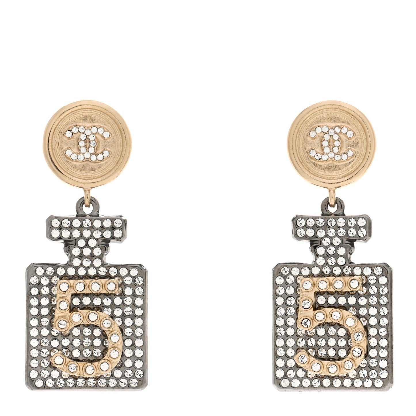 Crystal CC No 5 Perfume Bottle Drop Earrings Gold Silver