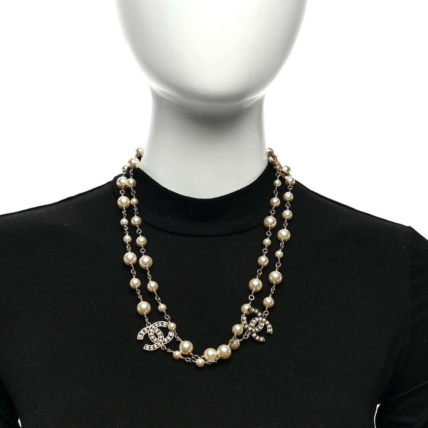 Crystal Pearl CC Long Necklace Light Gold