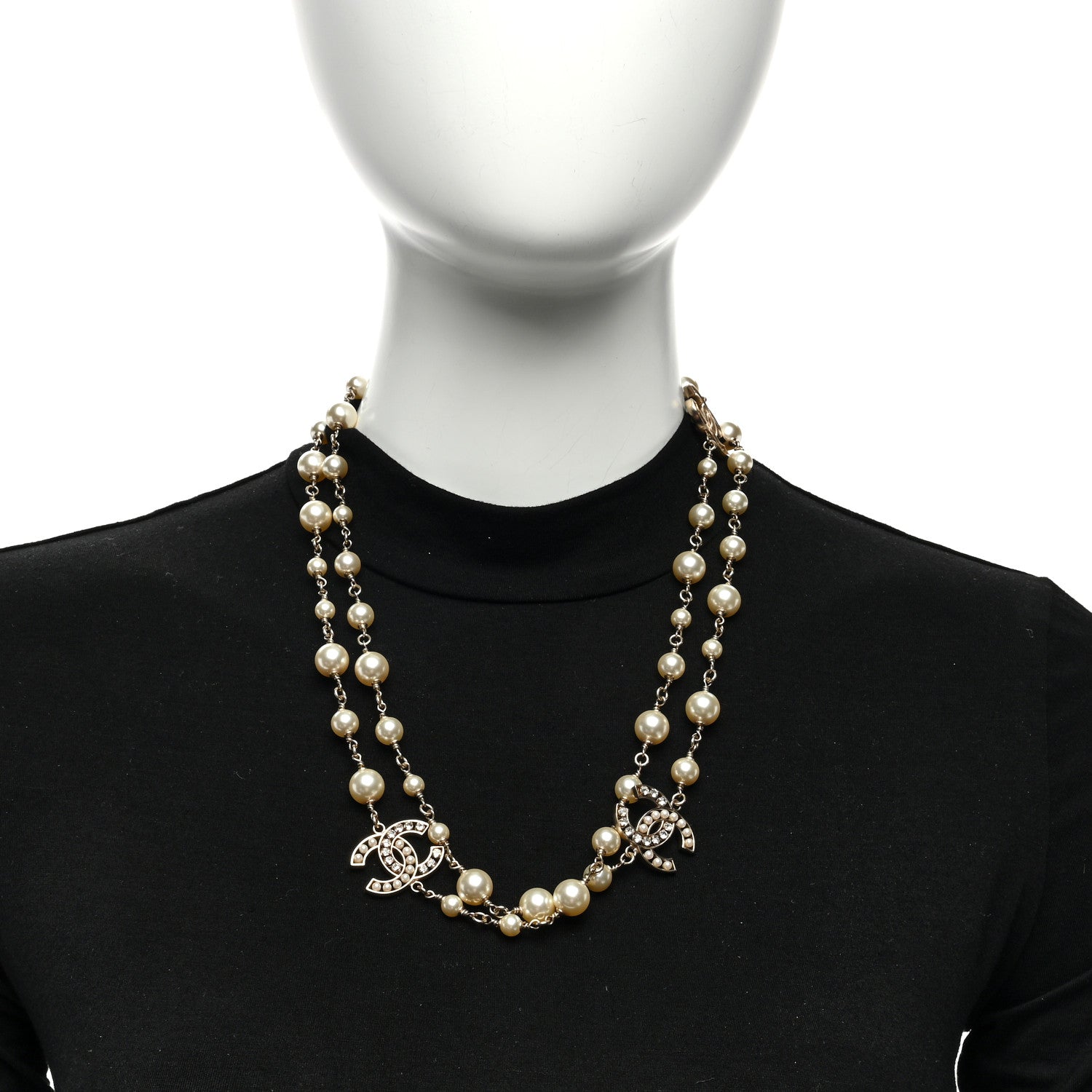 Chanel Crystal Pearl CC Long Necklace Light Gold 3 of 4