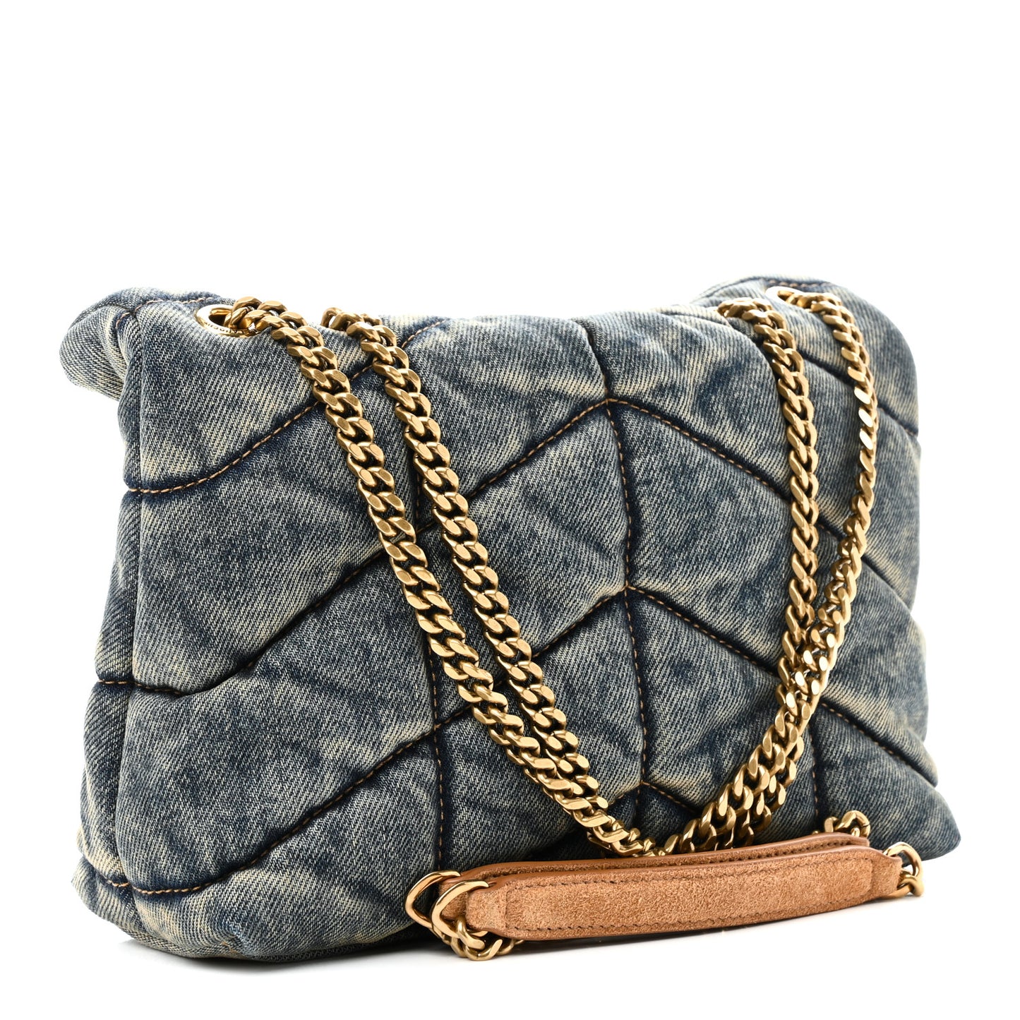Denim Quilted Toy Loulou Puffer Monogram Chain Satchel Blue Cinnamon
