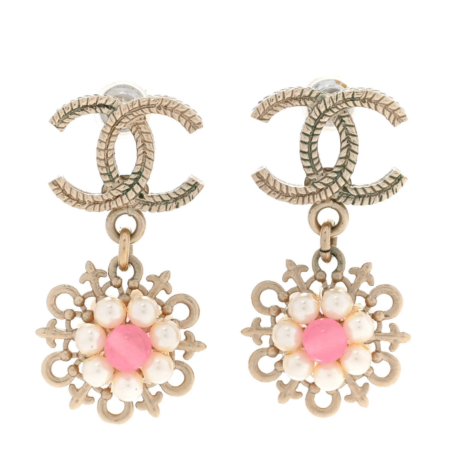Chanel Pearl Resin CC Flower Drop Earrings 1 of 8
