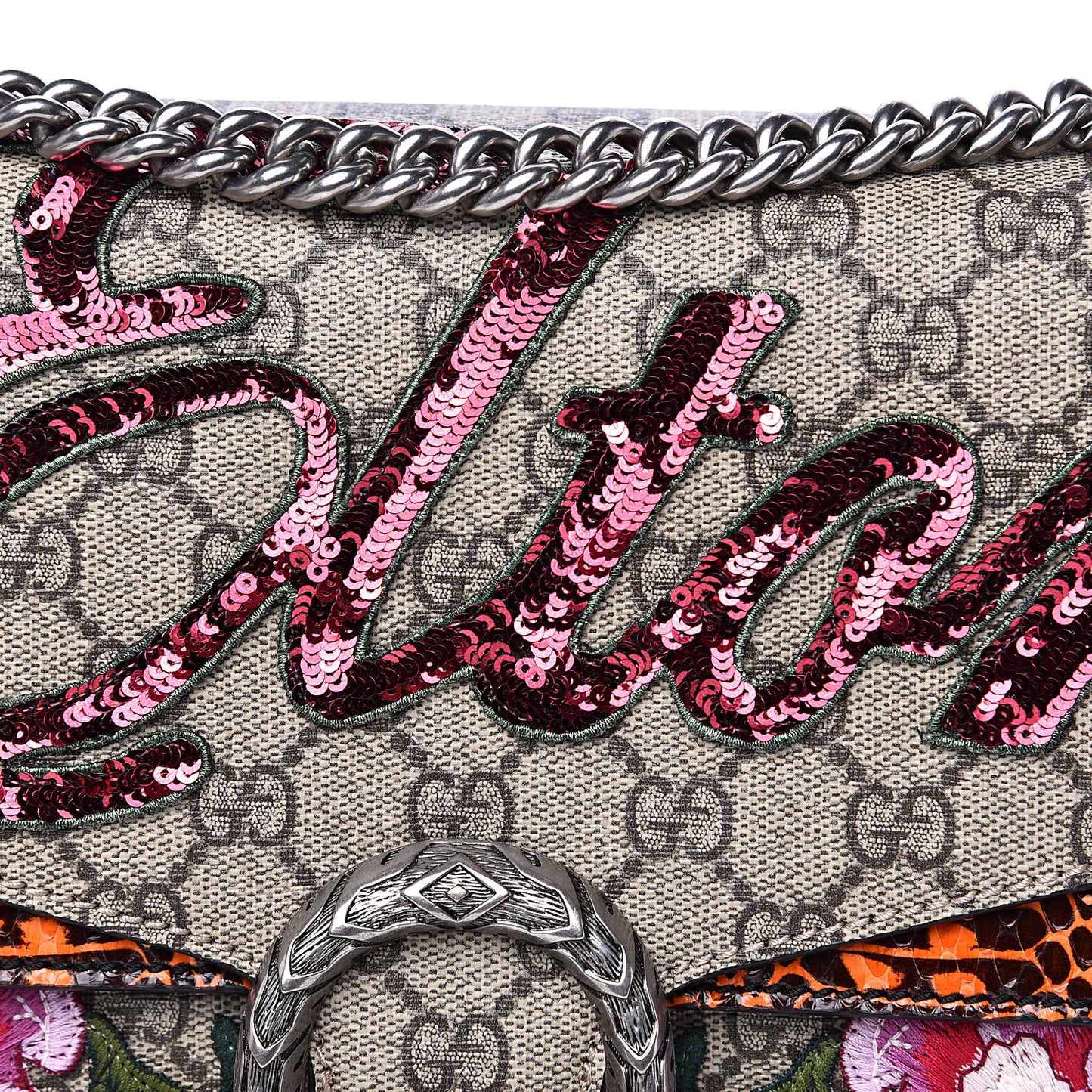 GG Supreme Monogram Snakeskin Elton Embroidered Medium Dionysus Shoulder Bag Beige Orange