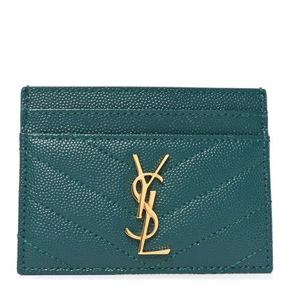 Saint Laurent Grain De Poudre Matelasse Chevron Monogram Credit Card Case Peacock Green 1 of 7