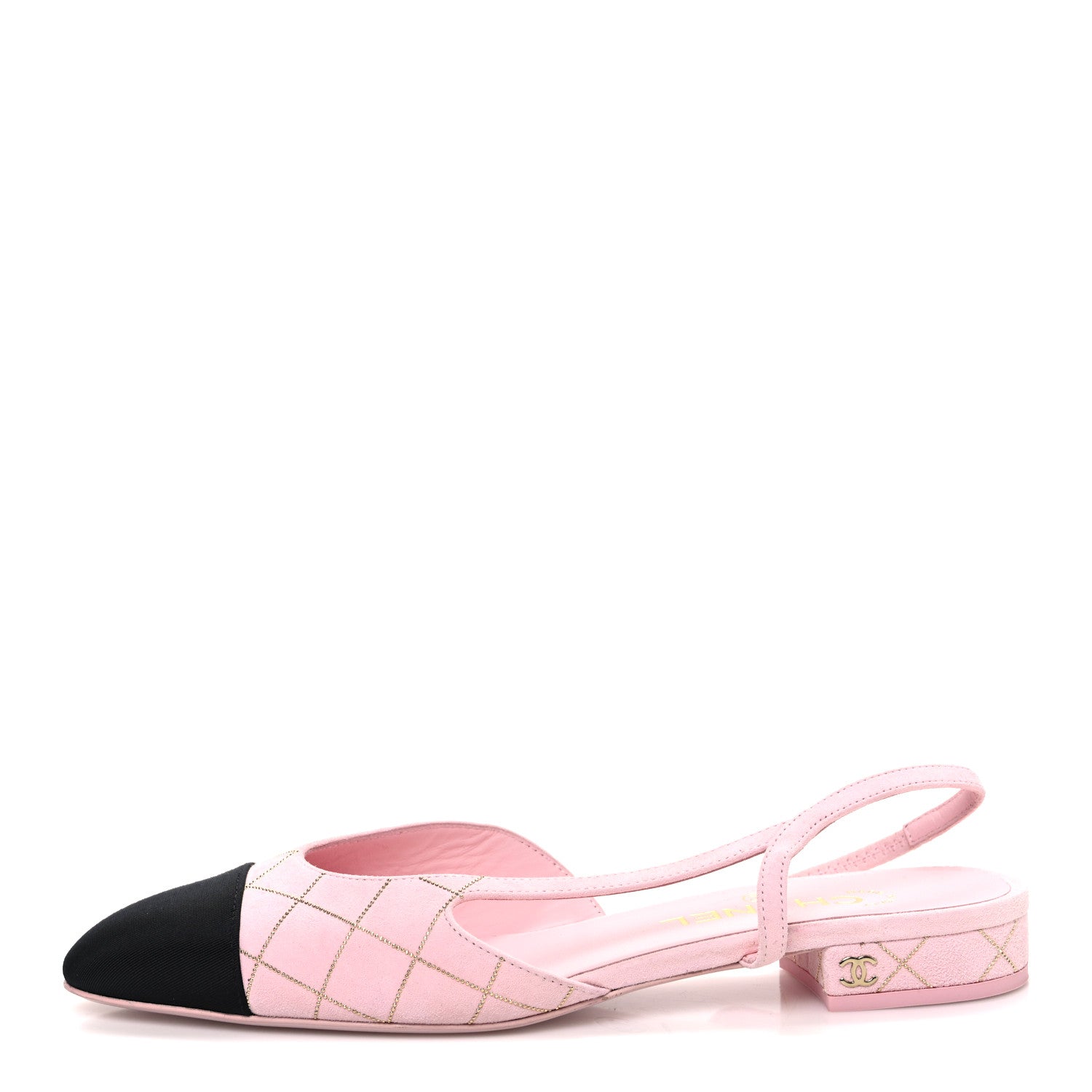 Chanel Suede Crystal Grosgrain Cap Toe CC Slingback Flats 39 Pink Gold Black 1 of 10