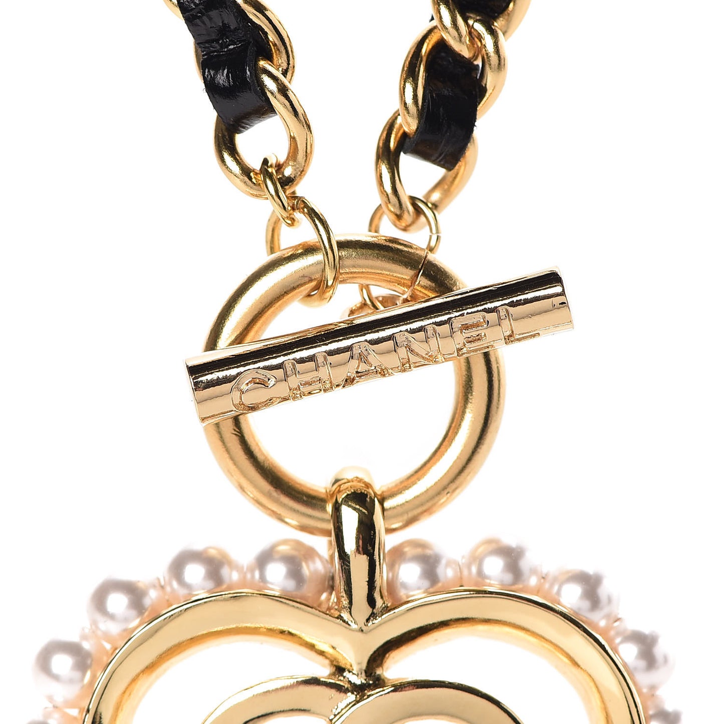 Calfskin Pearl Heart Necklace Gold Black