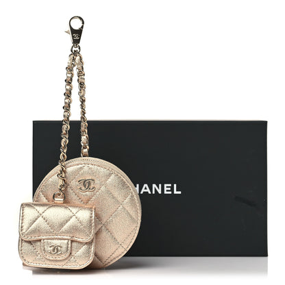 Chanel Metallic Lambskin Quilted Round Clip On Coin Purse Airpods Case Gold 12 of 12