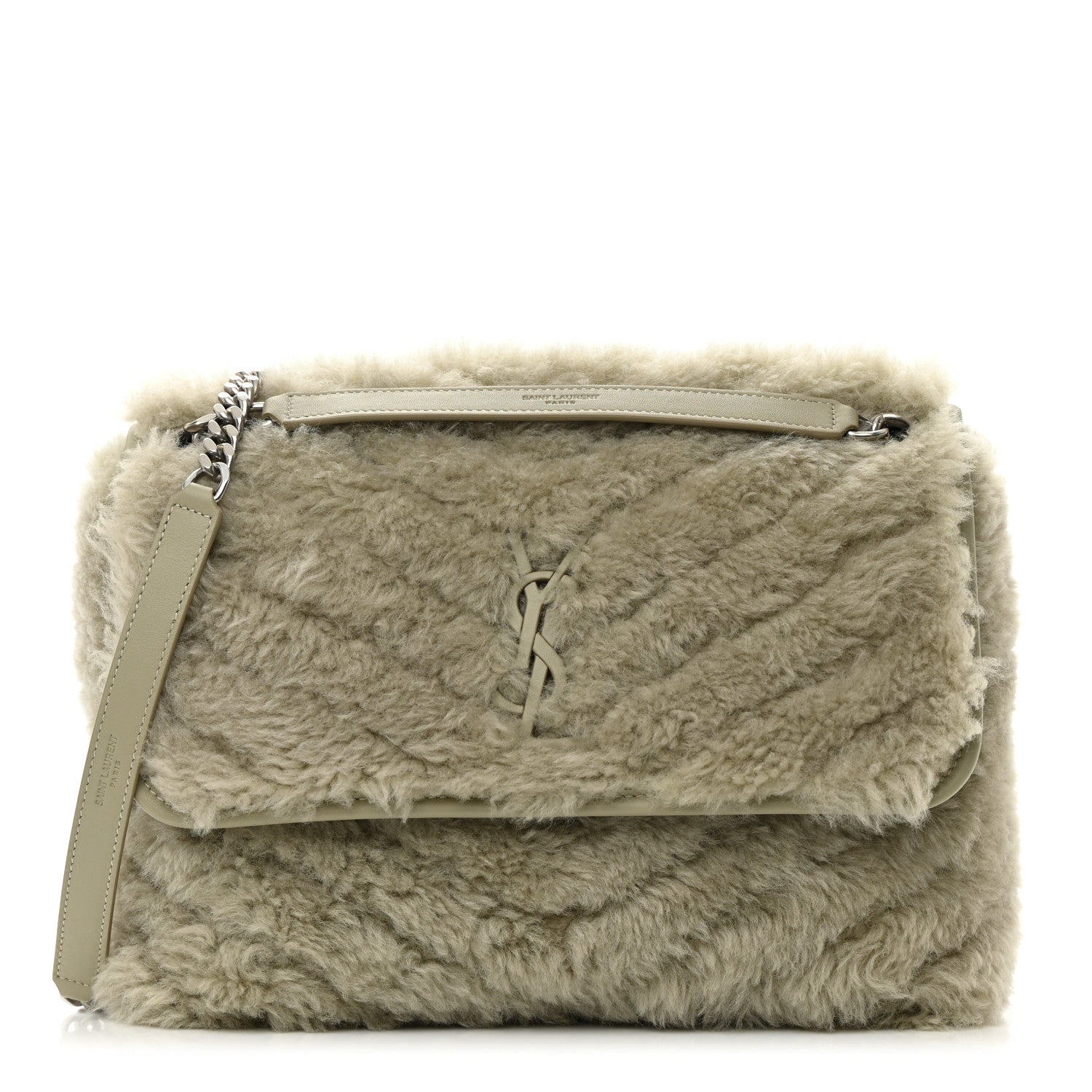 Saint Laurent Calfskin Shearling Monogram Medium Niki Chain Satchel Grey 1 of 12