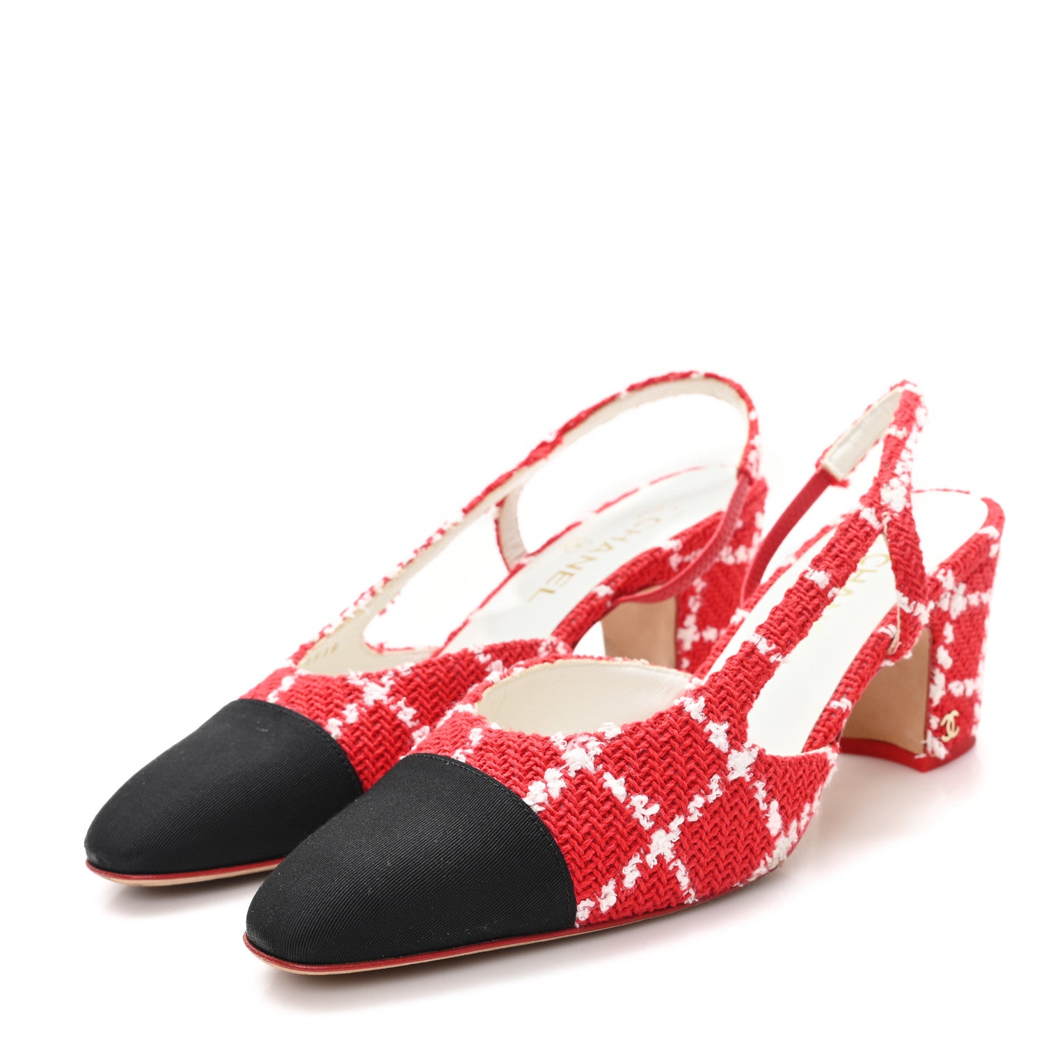 Chanel Tweed Grosgrain Cap Toe CC Slingback Pumps 39 Red White 4 of 11