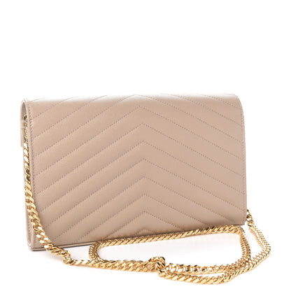 Saint Laurent Grain De Poudre Matelasse Chevron Monogram Chain Wallet Dark Beige 3 of 10