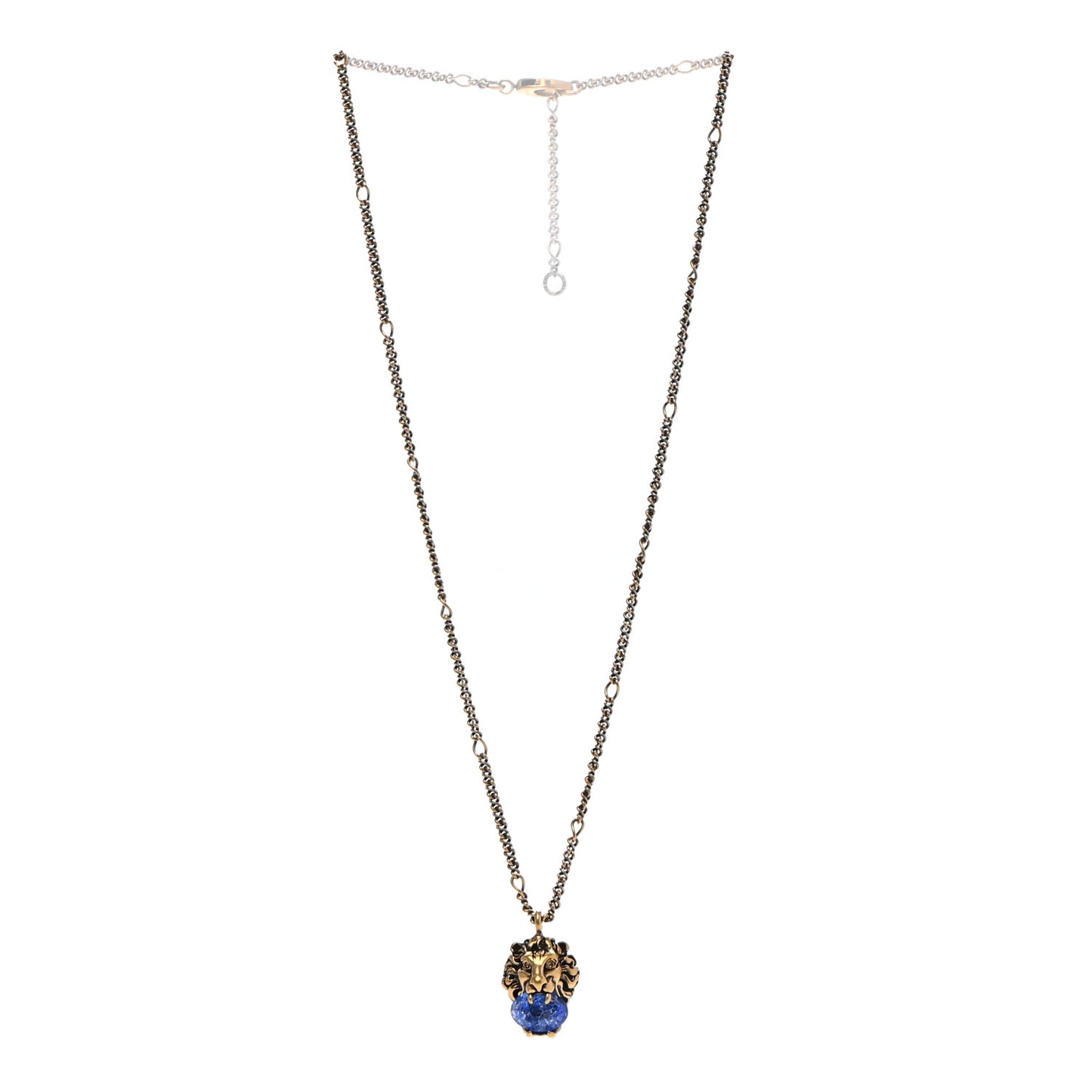 Metal Brass Swarovski Lion Head Necklace Gold Sapphire Blue
