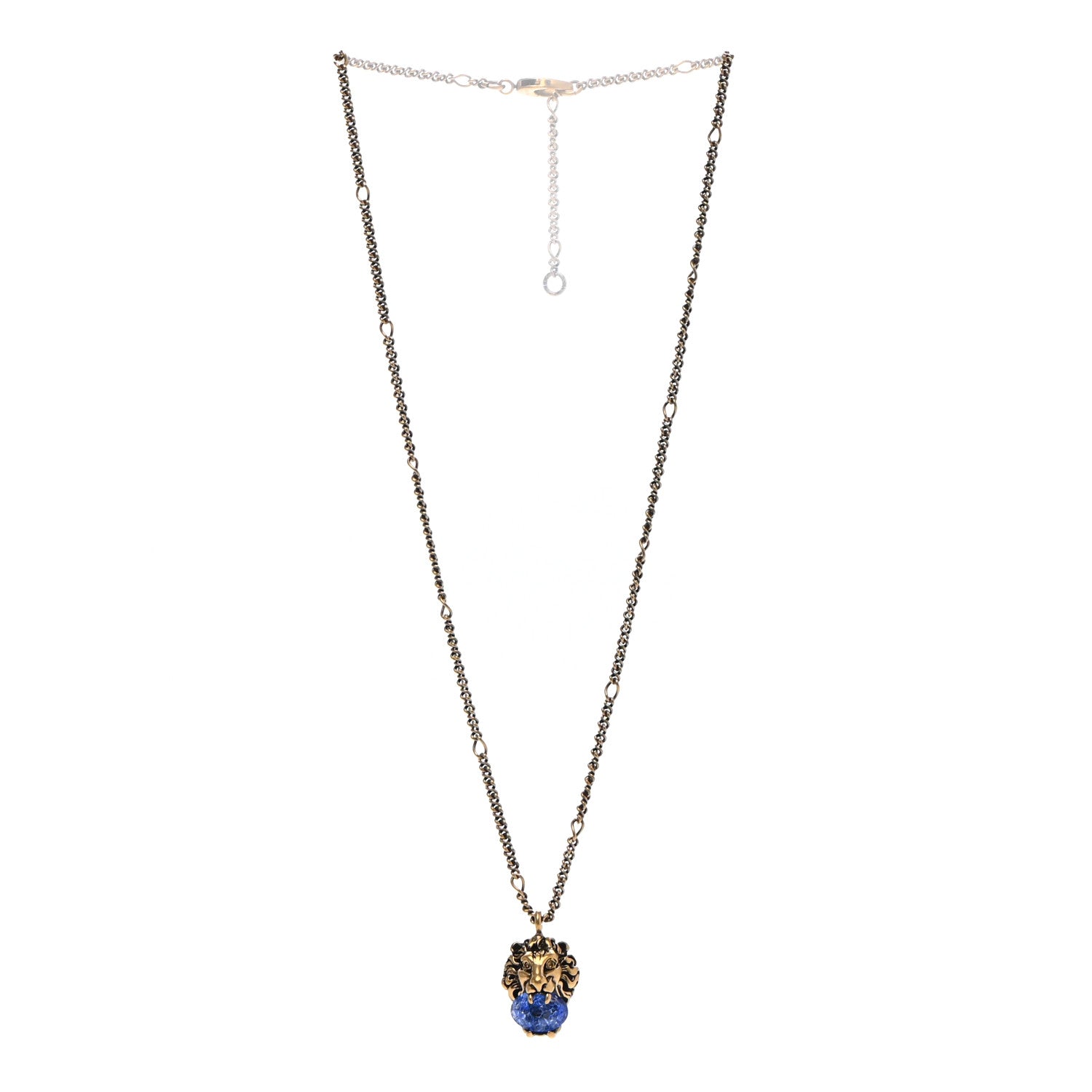 Gucci Metal Brass Swarovski Lion Head Necklace Gold Sapphire Blue 3 of 7