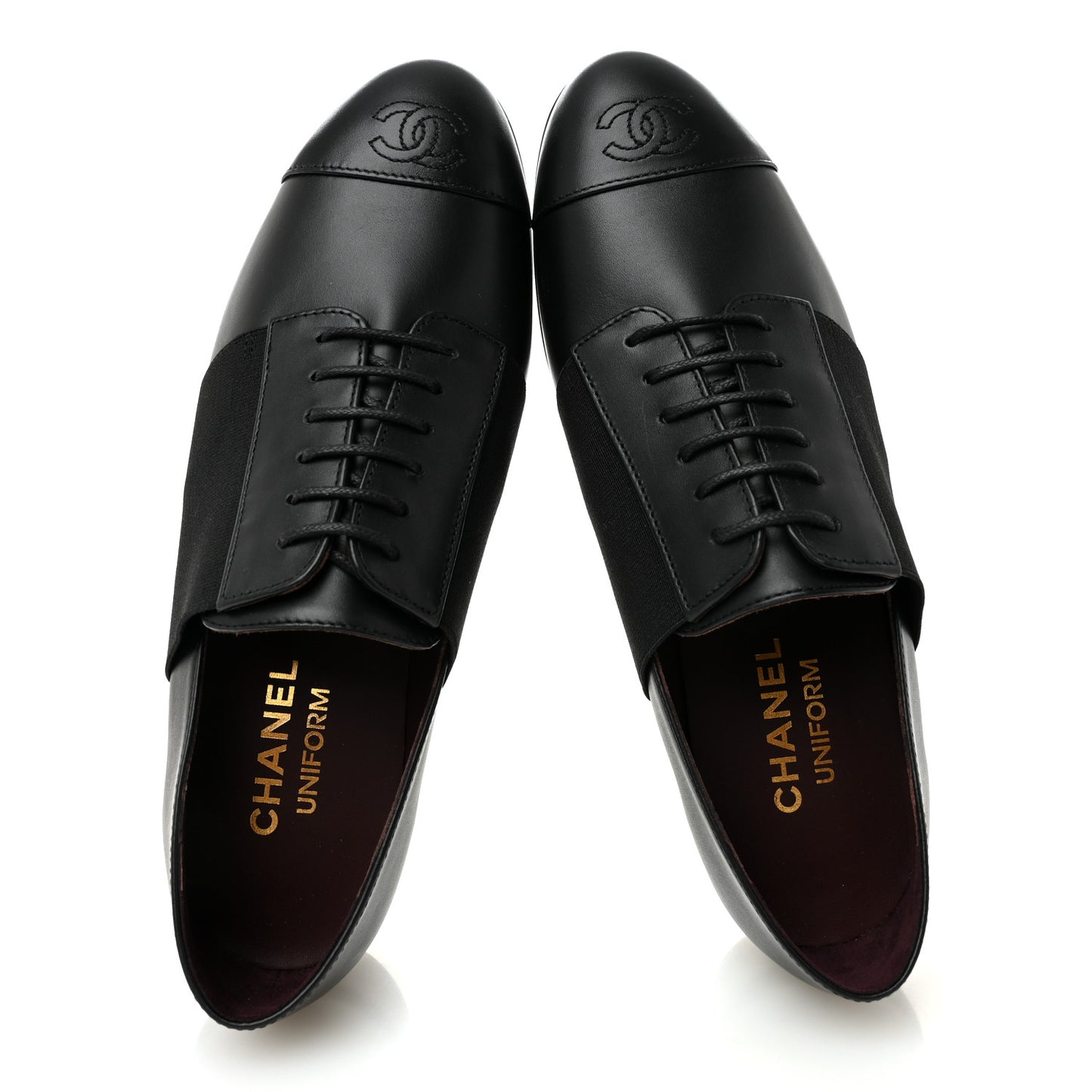 Calfskin Elastic Lace Up Cap Toe CC Loafers 38 Black