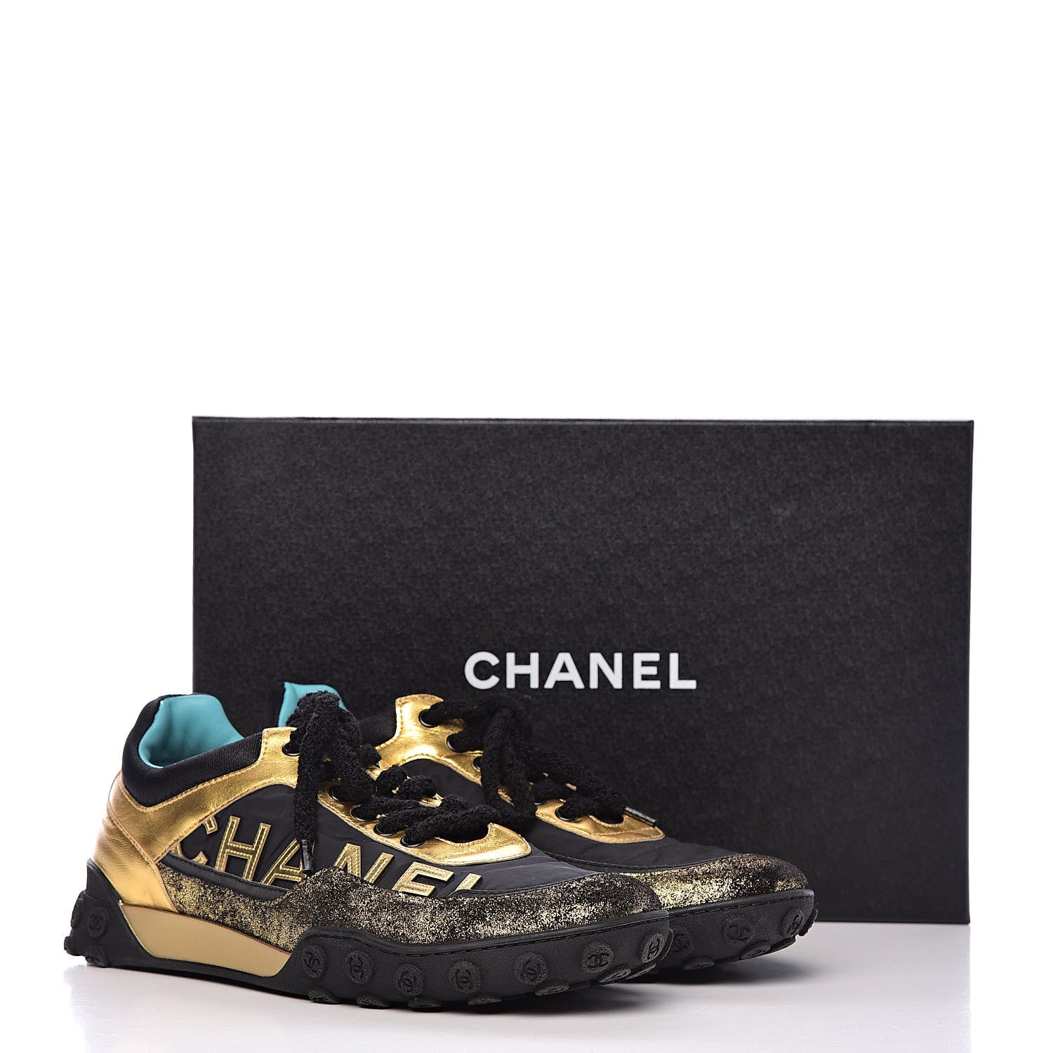 Chanel Metallic Lambskin Satin Finish Womens CC Sneakers 40 Black Gold 14 of 14