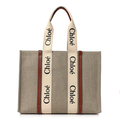 Chloe Cotton Calfskin Large Woody Ribbon Tote White Brown 1 of 8