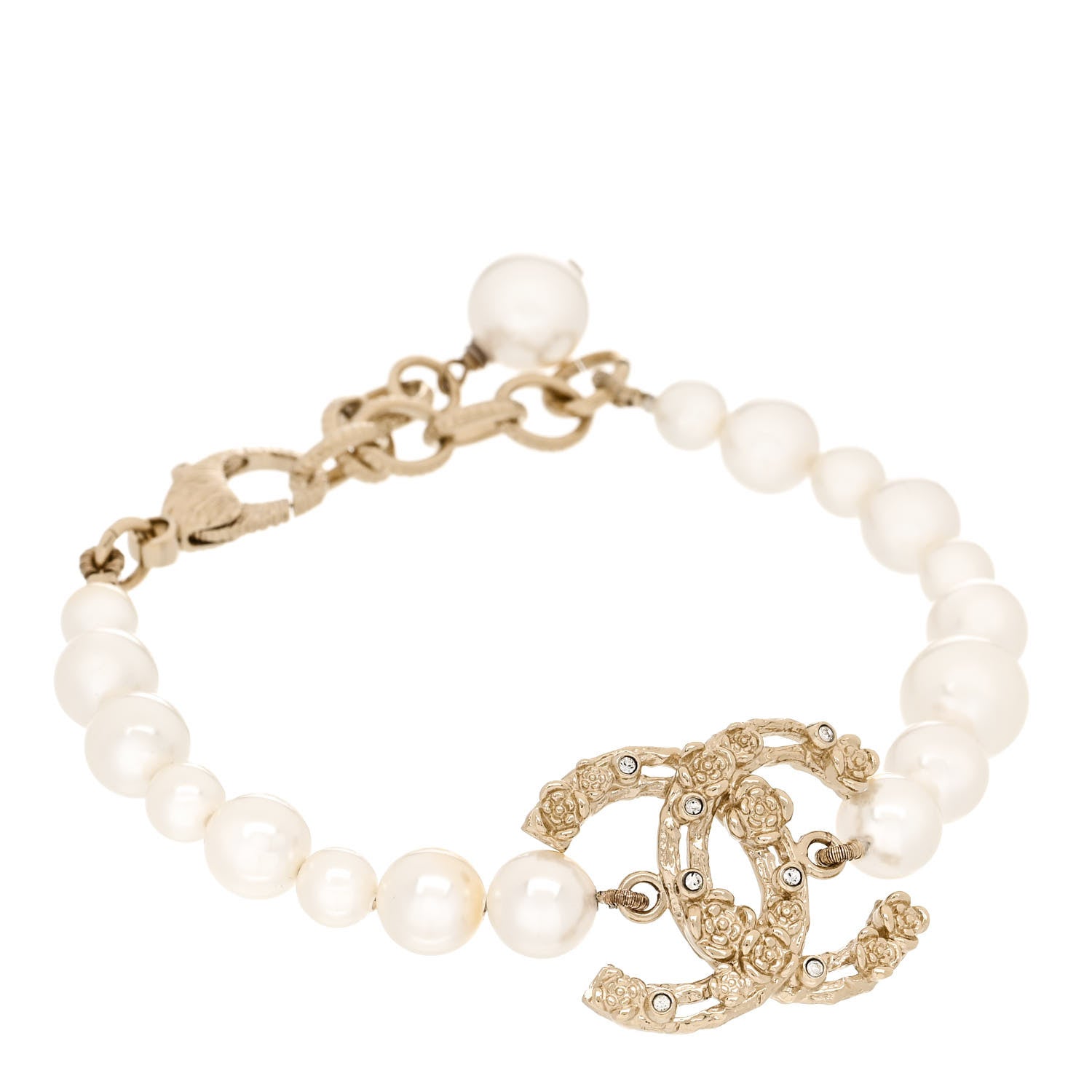 Chanel Pearl Crystal CC Camellia Bracelet Gold 1 of 5