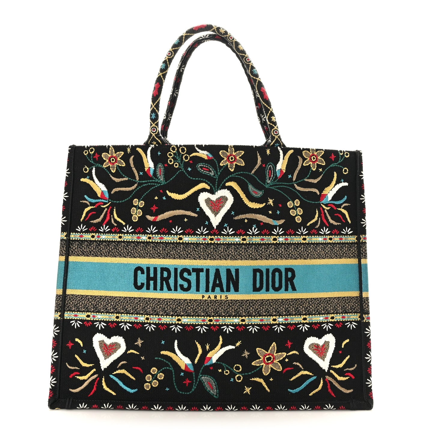 Canvas Embroidered Large Flowers Heart Book Tote Black Multicolor