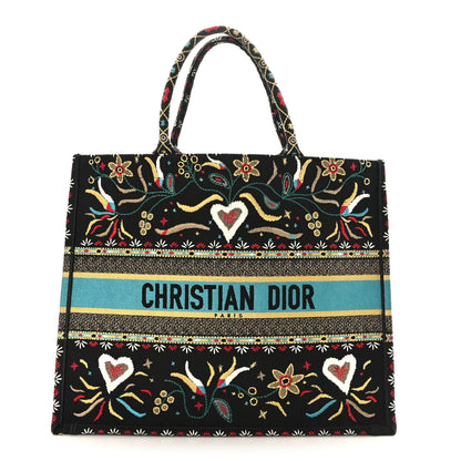 Christian Dior Canvas Embroidered Large Flowers Heart Book Tote Black Multicolor 1 of 9