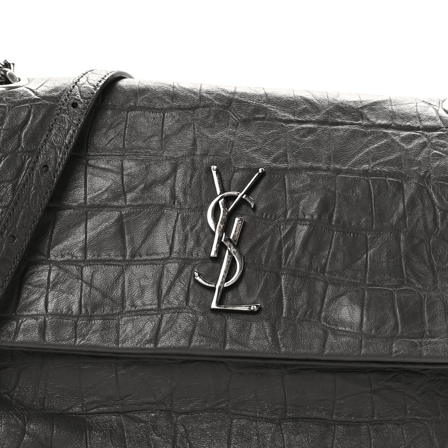 Calfskin Crocodile Embossed Medium West Hollywood Monogram Fold-Over Grey