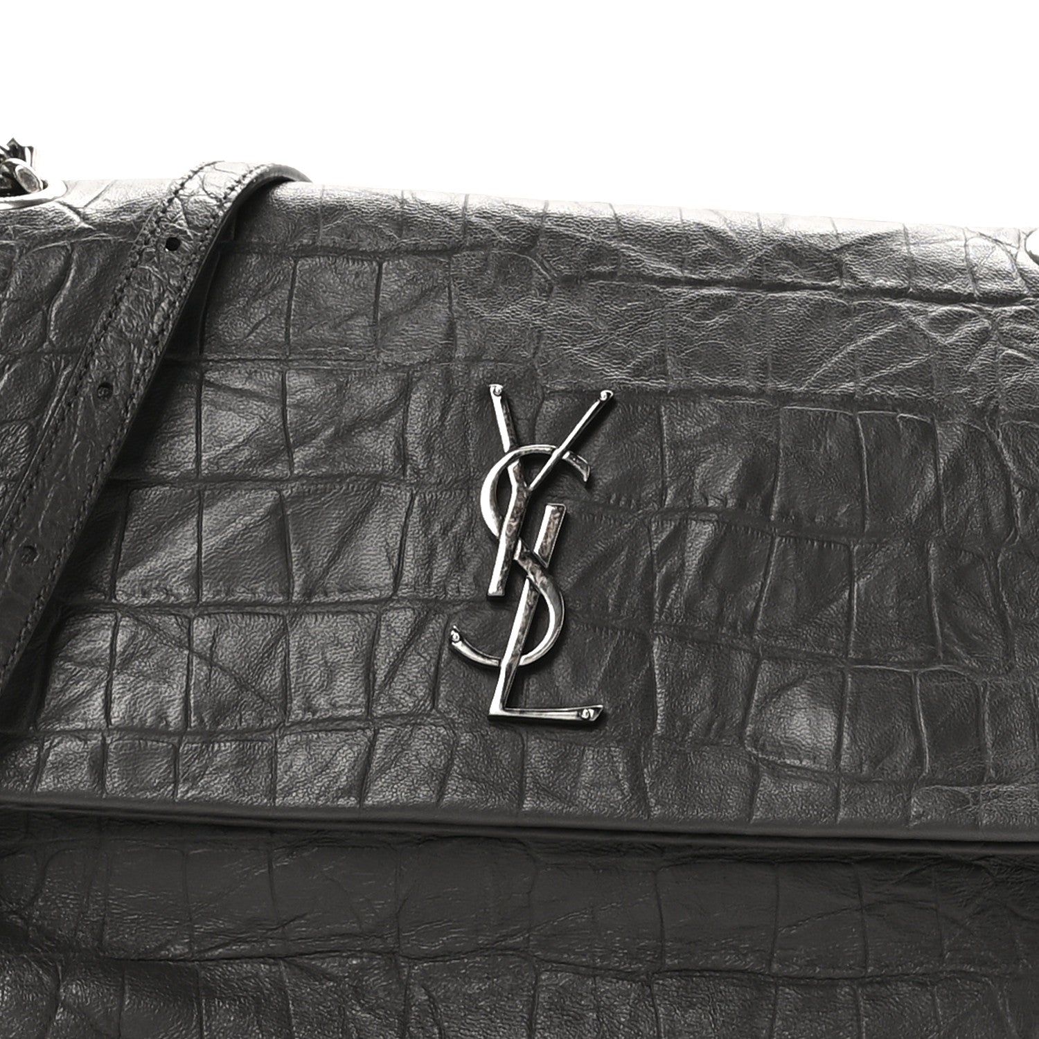 Saint Laurent Calfskin Crocodile Embossed Medium West Hollywood Monogram Fold-Over Grey 9 of 11
