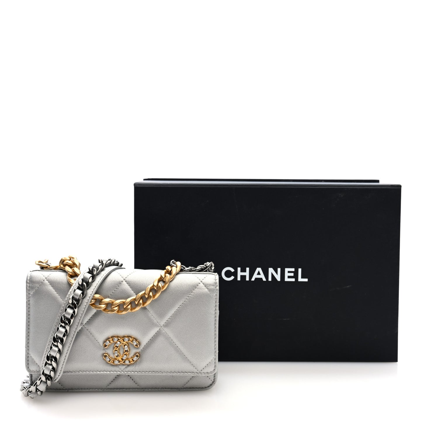 Metallic Lambskin Quilted Chanel 19 Wallet On Chain WOC Silver