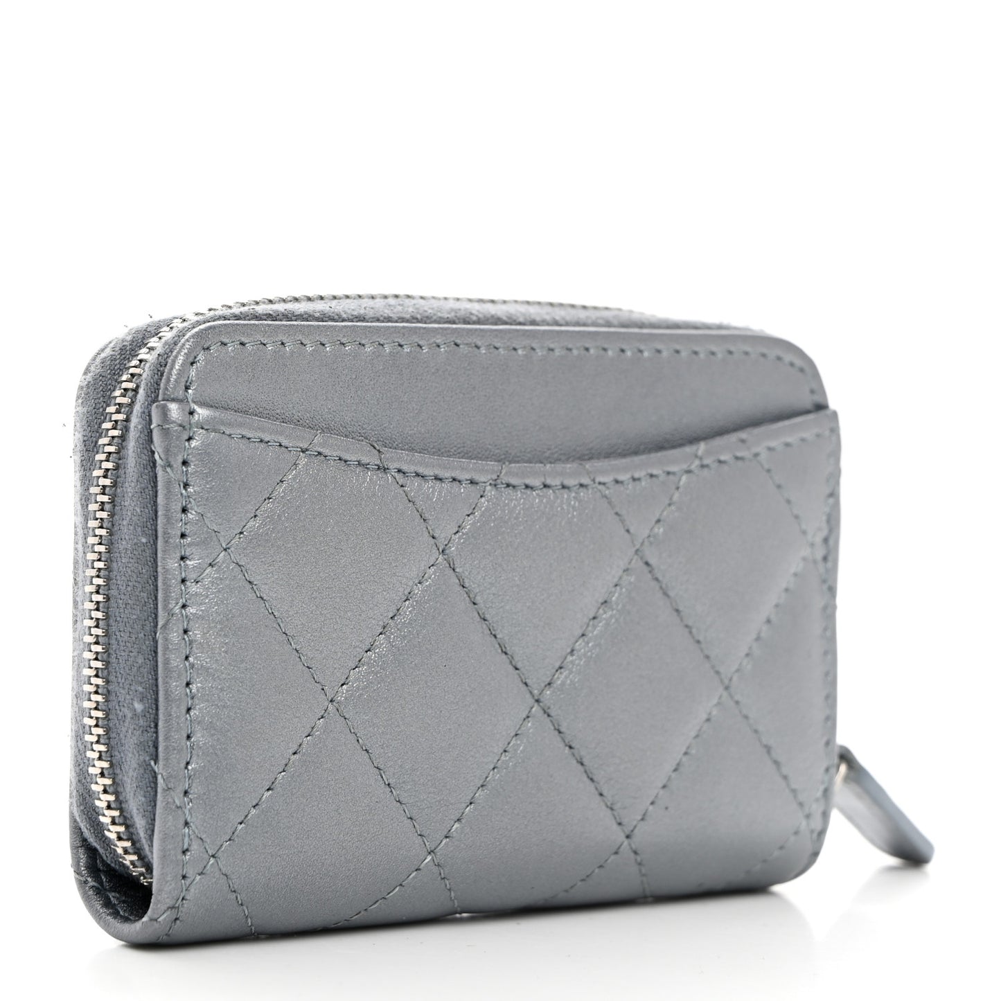 Iridescent Calfskin Quilted Zip Coin Purse Wallet Light Blue