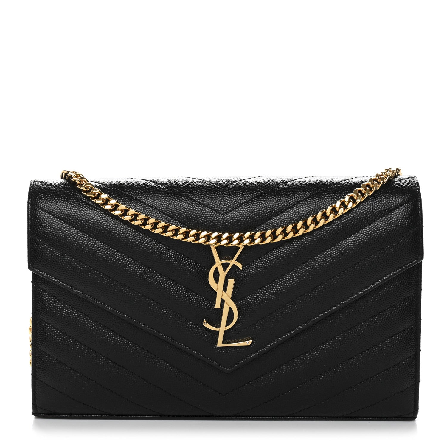 Saint Laurent Grain De Poudre Matelasse Chevron Monogram Chain Wallet Black 1 of 11