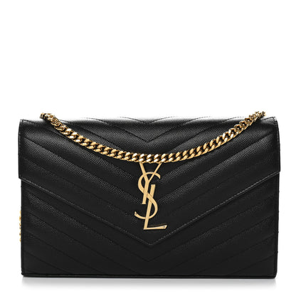 Saint Laurent Grain De Poudre Matelasse Chevron Monogram Chain Wallet Black 1 of 11