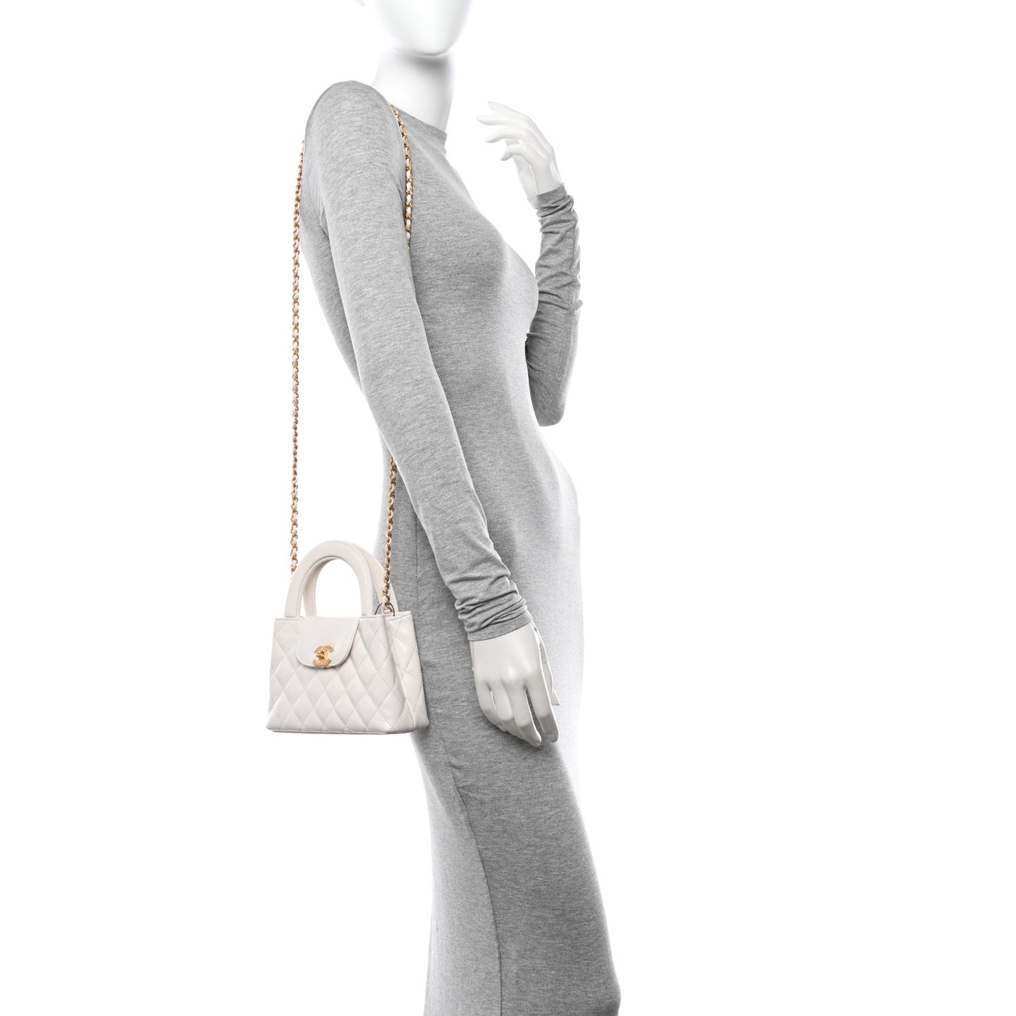 Shiny Aged Calfskin Quilted Nano Kelly Shopper White