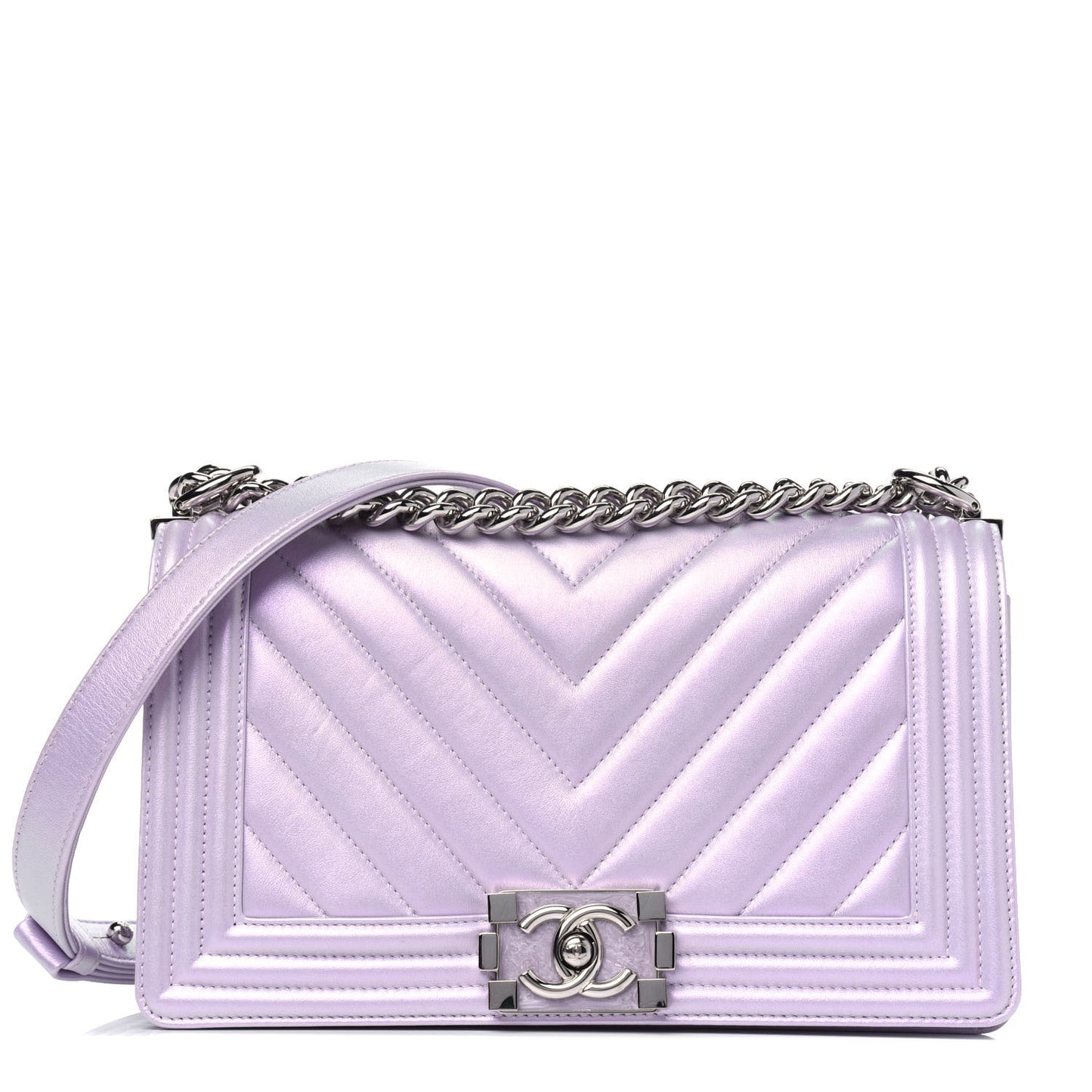 Metallic Lambskin Chevron Quilted Medium Boy Flap Purple