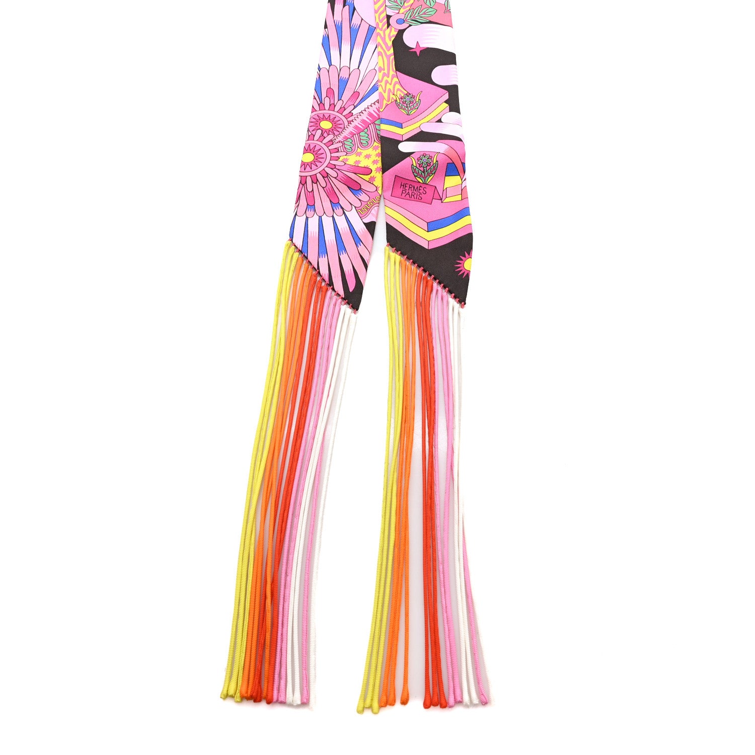 Hermes Silk La Source de Pegase Fringed Twilly Ebene Rose Vif Jaune Vif 2 of 3
