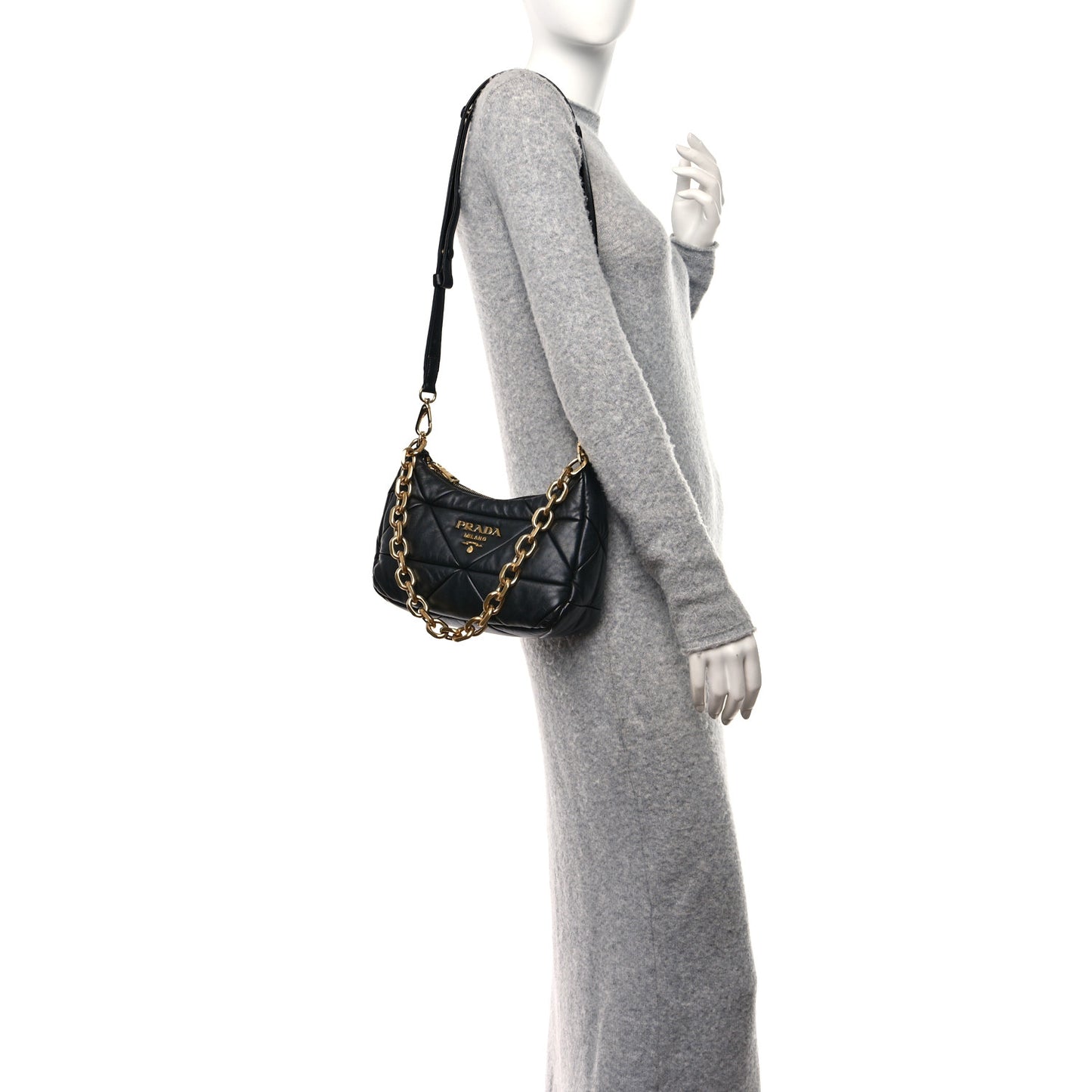 Nappa Re-Nylon Triangle Quilted Patchwork System Shoulder Bag Black