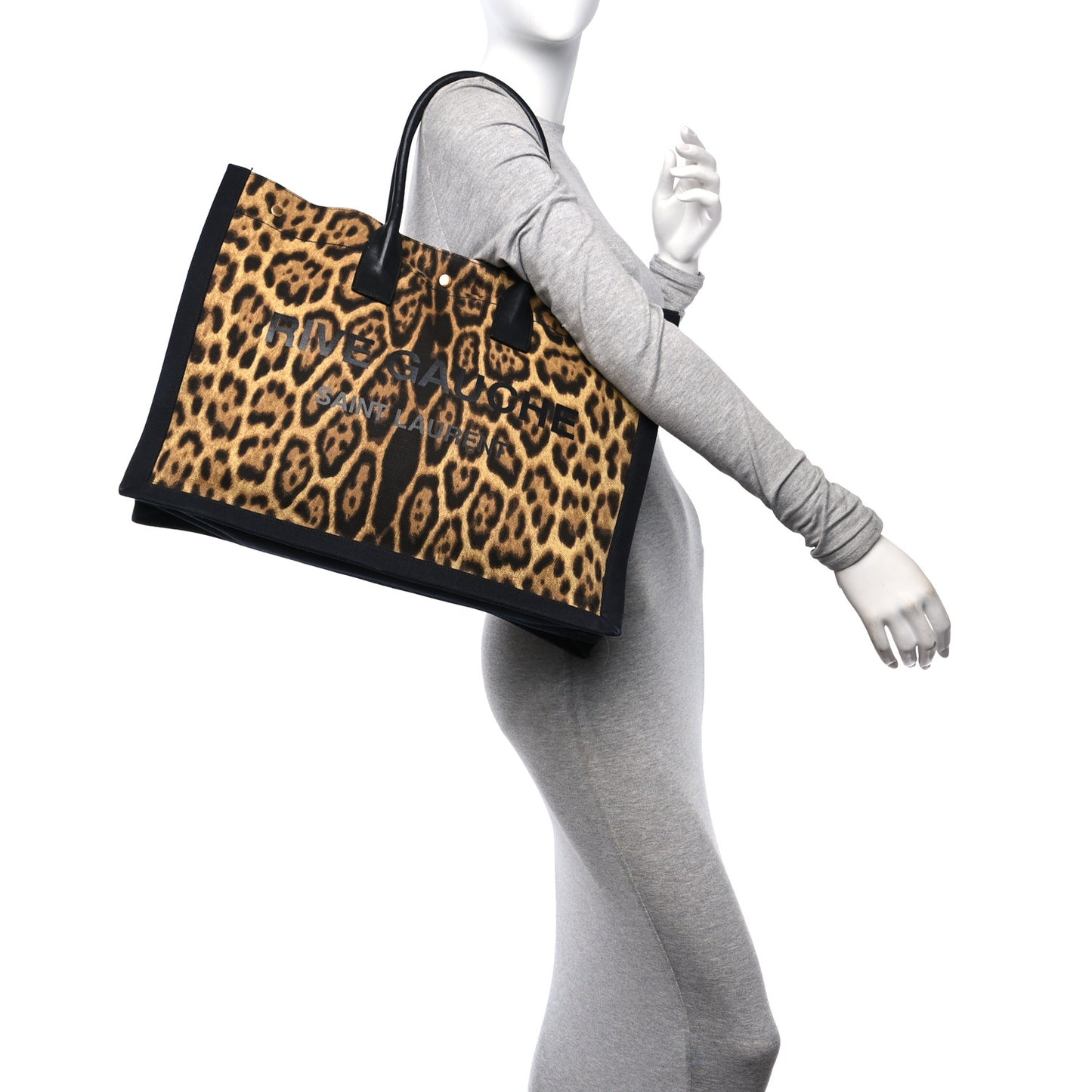 Canvas Calfskin Leopard Print Rive Gauche Noe Tote Natural Black