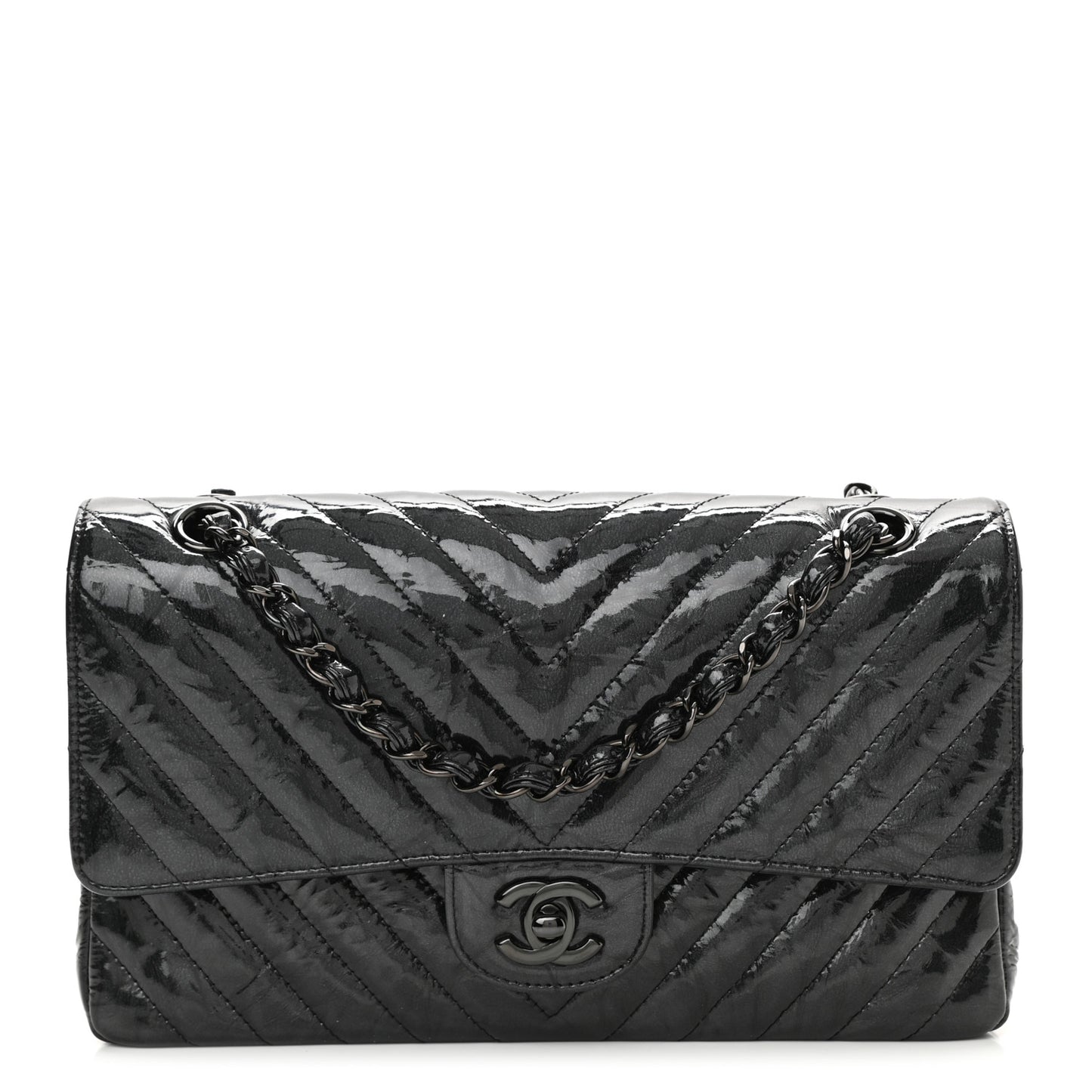 Metallic Patent Crumpled Calfskin Chevron Quilted Medium Double Flap So Black