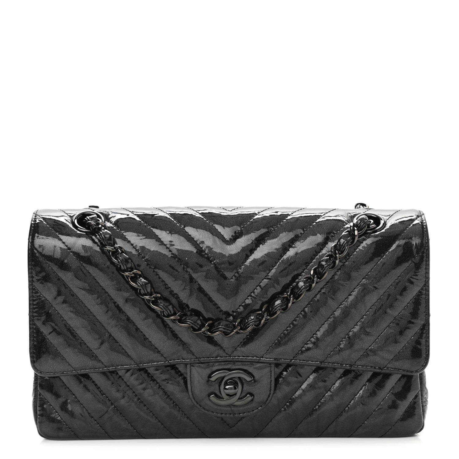 Chanel Metallic Patent Crumpled Calfskin Chevron Quilted Medium Double Flap So Black 1 of 11