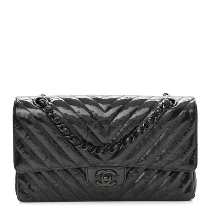 Chanel Metallic Patent Crumpled Calfskin Chevron Quilted Medium Double Flap So Black 1 of 11