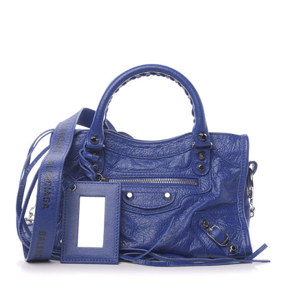 Balenciaga Agneau Classic Silver Hardware Mini City Logo Strap Bleu Electric Black 1 of 10