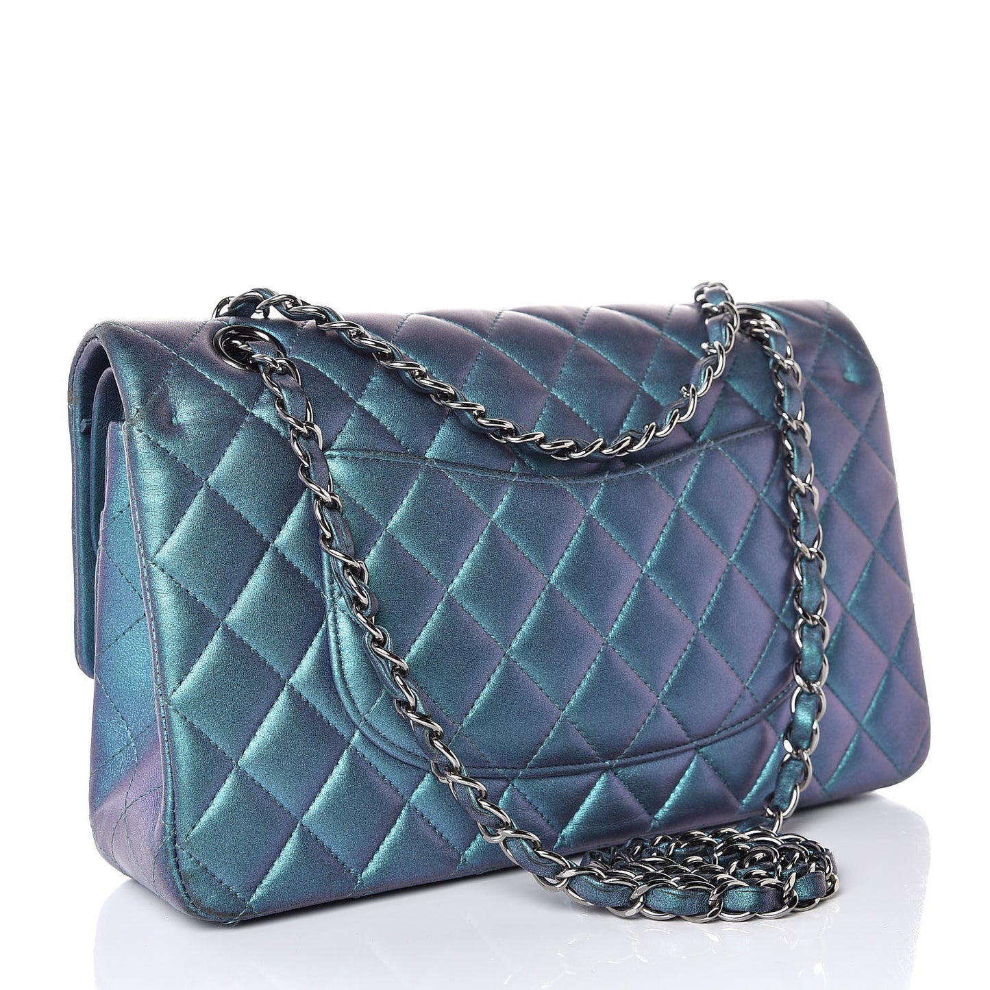 Metallic Lambskin Quilted Medium Double Flap Turquoise