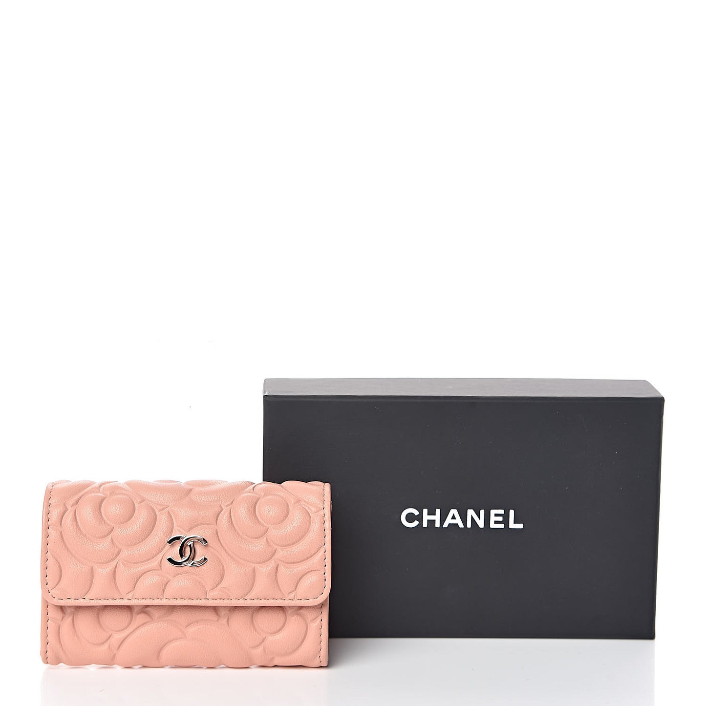 Goatskin Camellia Embossed Flap Card Holder Pink