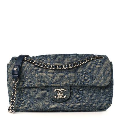 Chanel Denim Quilted Camellia Embroidered Medium Flap Blue 1 of 9