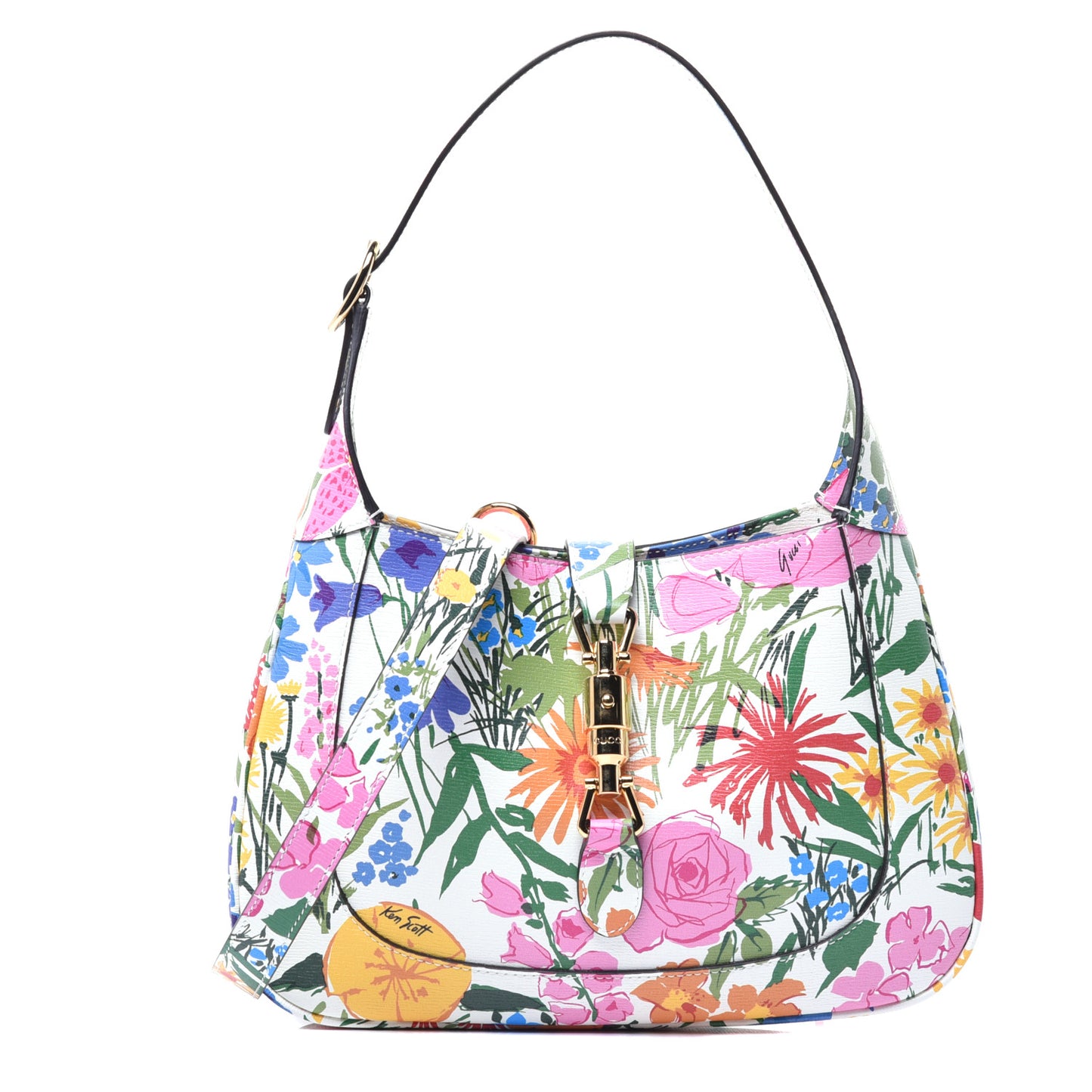 X KEN SCOTT New Shangai Calfskin Jardin D'Avril Floral Print Small Jackie 1961 Hobo Ivory Pink