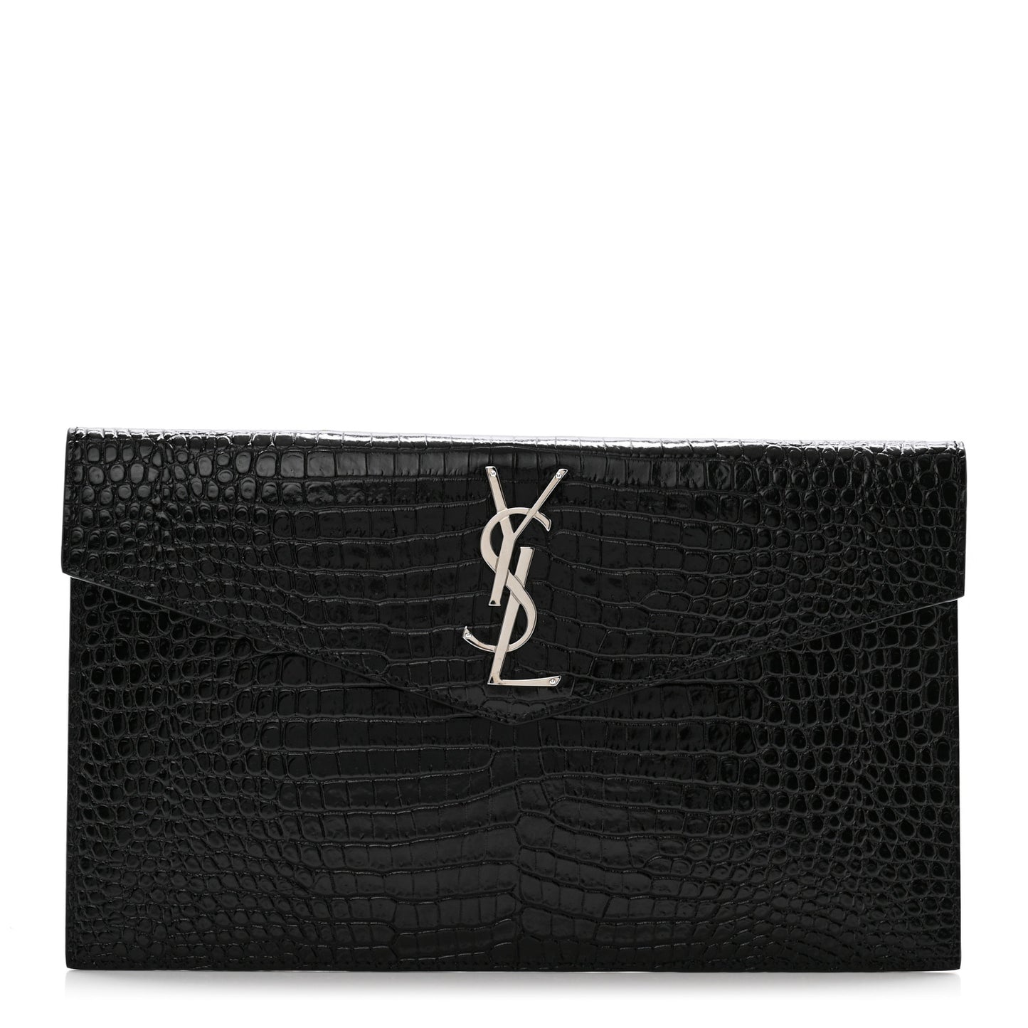 Calfskin Crocodile Embossed Uptown Monogram Clutch Black