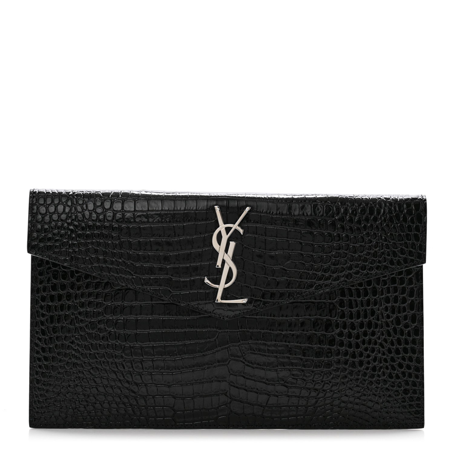 Saint Laurent Calfskin Crocodile Embossed Uptown Monogram Clutch Black 1 of 7