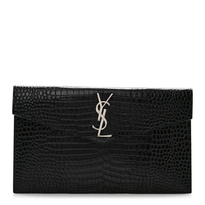 Saint Laurent Calfskin Crocodile Embossed Uptown Monogram Clutch Black 1 of 7
