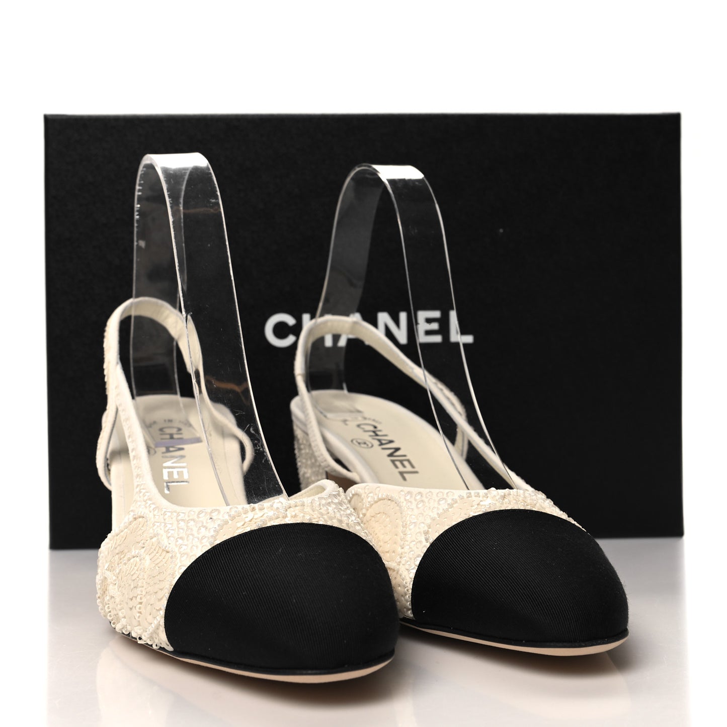 Strass Sequin Grosgrain Cap Toe CC Slingback Pumps 40 White Black