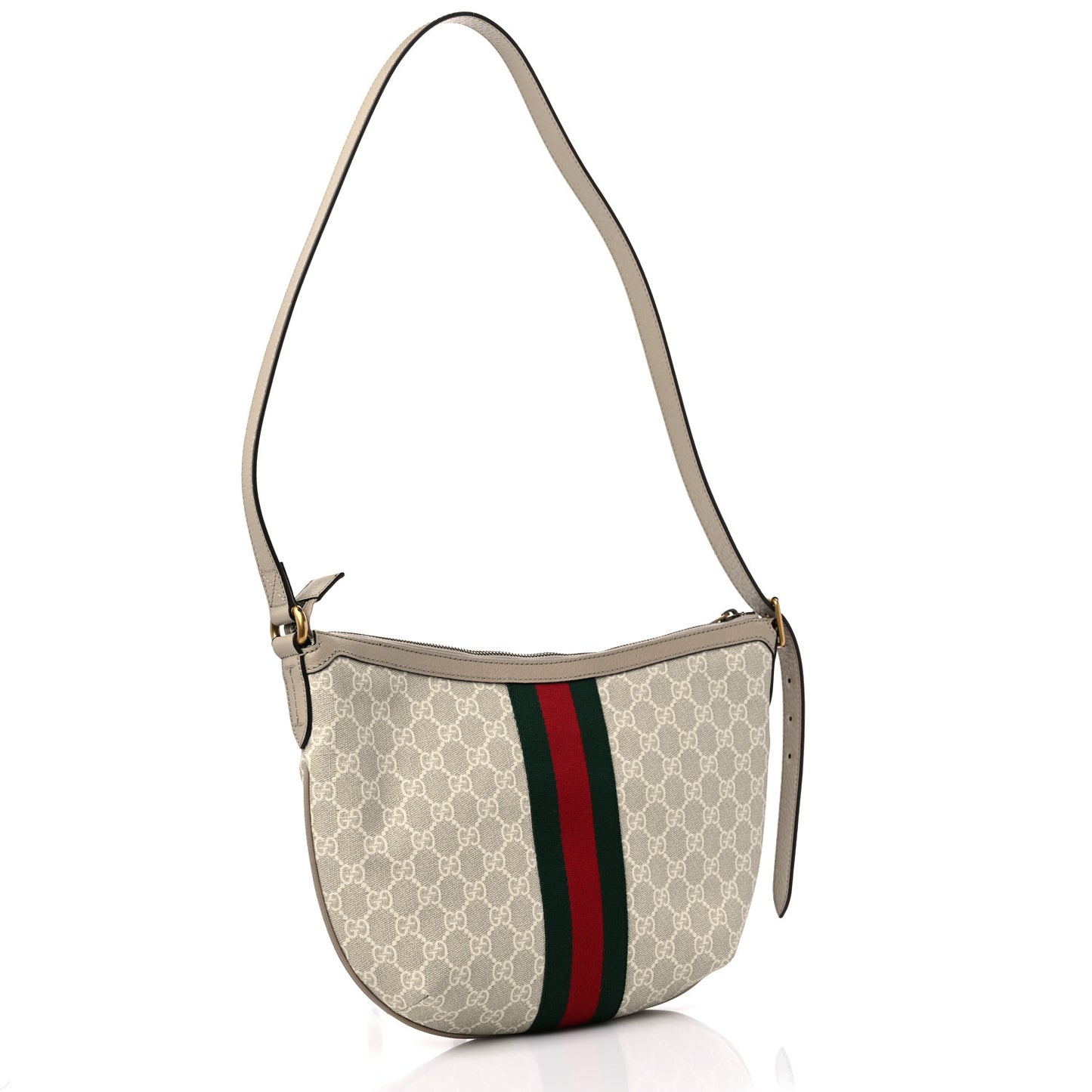 GG Supreme Monogram Textured Dollar Calfskin Web Small Ophidia Half Moon Hobo Beige Mystic White Oatmeal