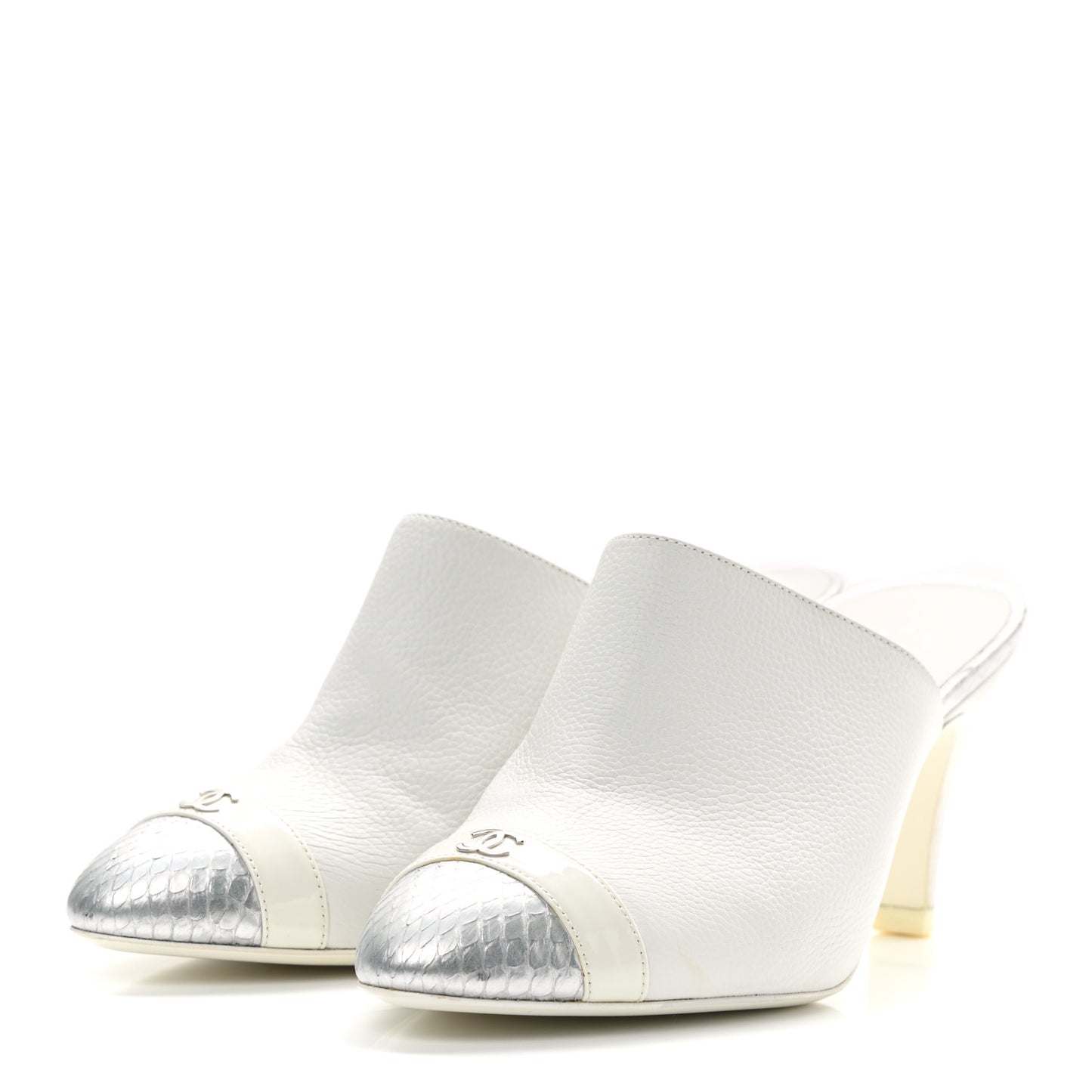Grained Calfskin Snakeskin Cap Toe Mules 37.5 Ivory Silver